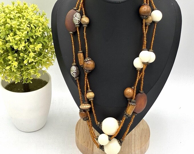 Vintage Multi Strand Wood Honey Glass Seed Bead Necklace Boho Tribal 16 Inch