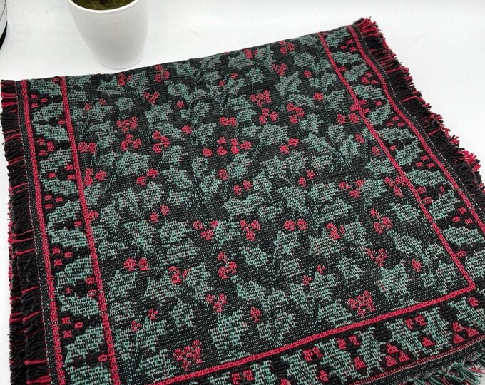 Vintage Christmas Woven Table Runner 14x54 Holly Berry Black Green Red Fringe