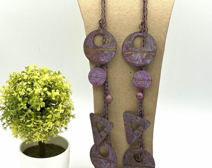 Vintage Purple Patina Metal Statement Necklace Geometric Artisan Style 28”