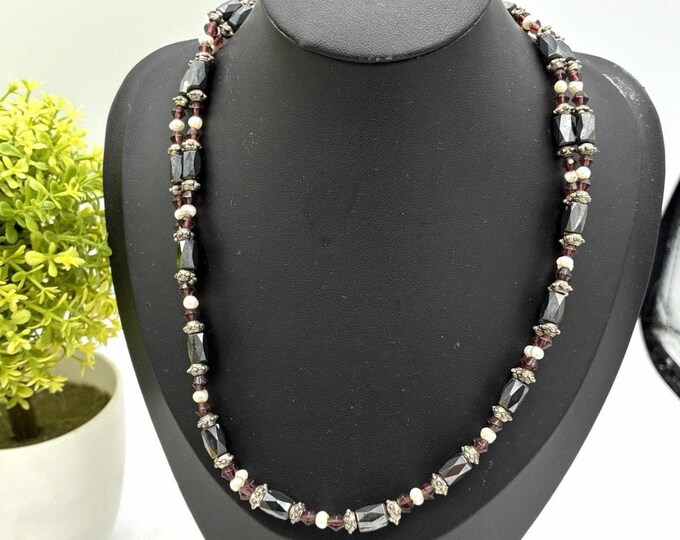 Magnetic Hematite Necklace Bracelet Wrap Purple Crystal Faux Pearl Silver Beads