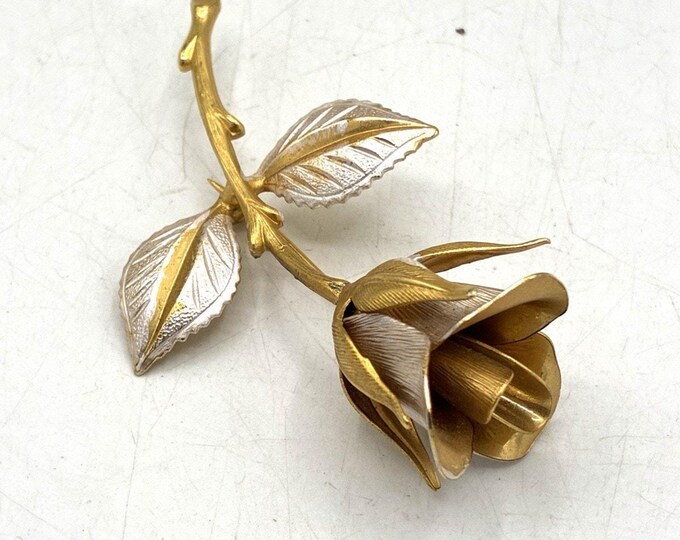 Vintage Two Tone Gold Silver Rose Bud Brooch Pin Stem Leaves 3 Inch Flower