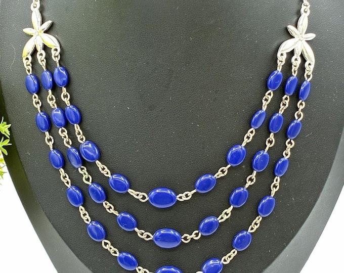 Vintage Avon Cobalt Blue Triple Strand Beaded Necklace 16 Inch Silver Tone