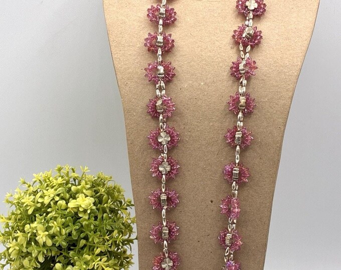 Vintage Pink Iridescent AB Acrylic Flower Cluster Bead Necklace Silver 24 Inch