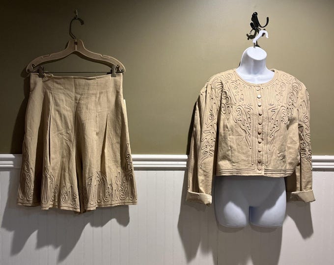 Vintage Marie St Claire Embroidered Culotte Suit 2 Piece Beige Jacket Pants Size 14 NWT