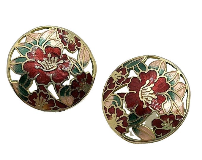 Vintage Cloisonne Floral Earrings Red Green Enamel Gold Tone Round Posts