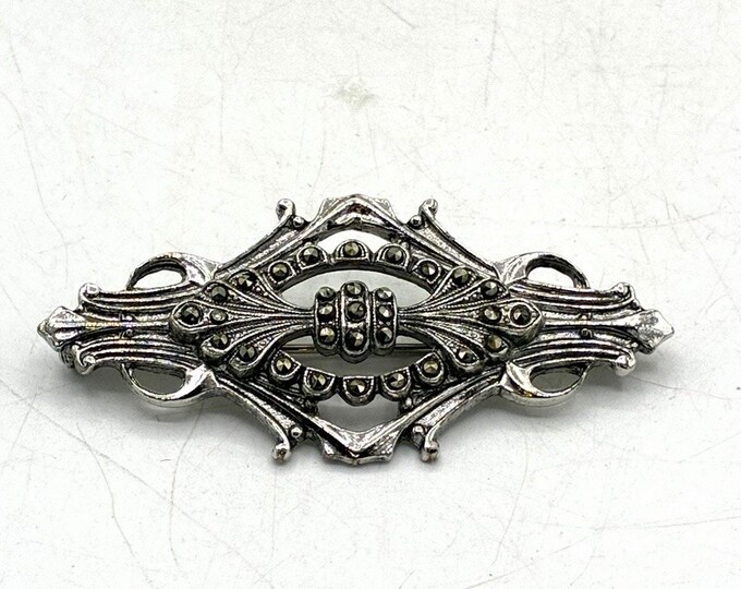 Vintage Art Deco Silver Tone Marcasite Brooch Pin Scrollwork 2” Statement Piece