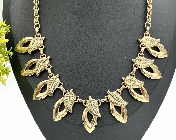 Vintage Barclay Gold Tone Open Leaf Drop Bib Necklace Signed Mid Century 1950s