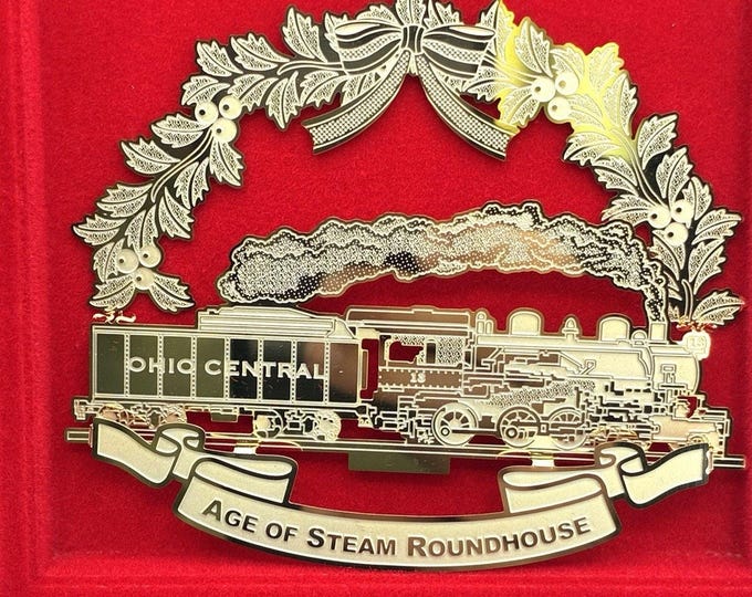 Ohio Central Age of Steam Roundhouse Brass Train Christmas Ornament Box USA