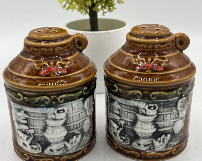 Vintage Ceramic Salt Pepper Shakers Brown Jug Tavern Scene Woodgrain 3" Japan