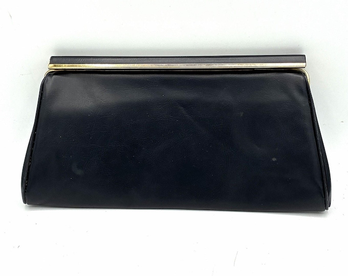 Vintage Navy Blue Clutch Purse Gold Tone Frame Retro Funky Print Interior