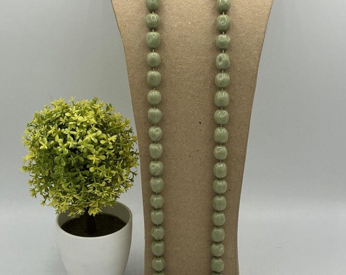 Vintage Long Sage Green Nugget Bead Necklace 35 Inch Continuous Strand Rope