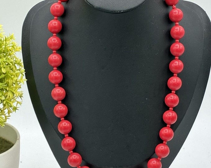 Vintage Japan Red Bead Necklace 18” Knotted Costume Jewelry Retro