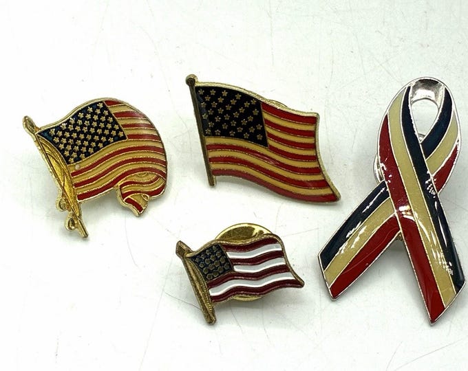 Lot 4 Vintage Patriotic Enamel Lapel Pins American Flag Ribbon Red White Blue