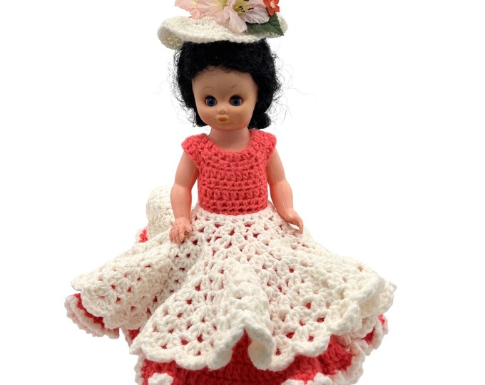 Vintage 12" Hard Plastic Sleepy Eye Doll Red Hair Blue Eyes Handmade Crochet Dress outfit