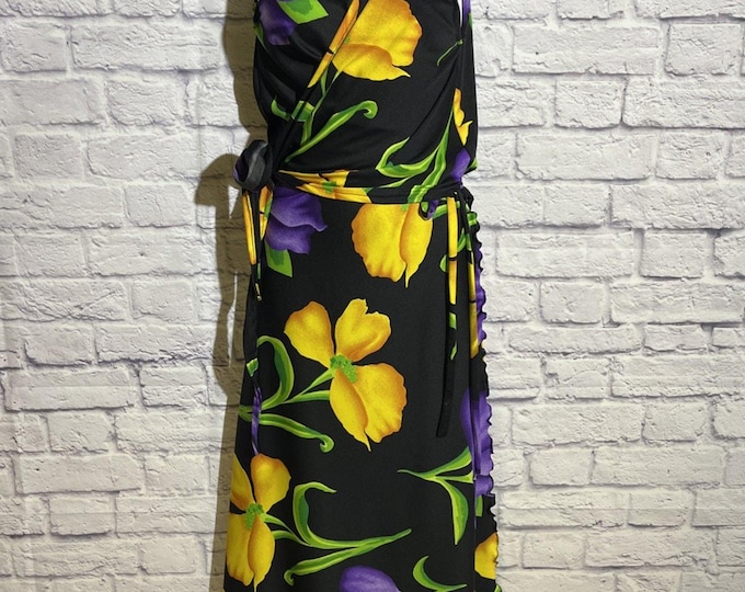 Vintage 90s Floral Tropical Wrap Top Skirt Set 2‑Piece