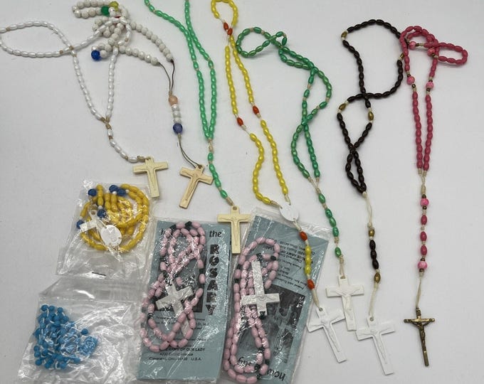 Lot of 11 Vintage Catholic Rosaries • Colorful Plastic Assorted Designs