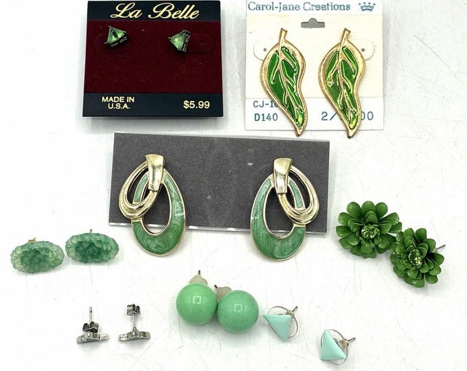Vintage Green Earrings Lot of 8 La Belle Carol-Jane Enamel Lucite Floral