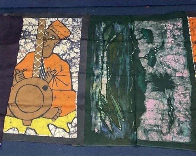 Lot of 4 African Maasai Batik Prints on Fabric 24" x 21" Tribal People Man Woman