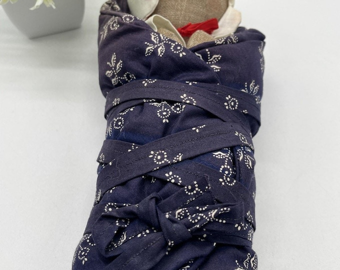 Vintage 11” Handmade Cloth Doll • Wrapped in Swaddle • Folk Art