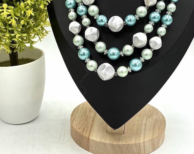 Vintage Japan 3 Strand Aqua Mint Pearl Bead Necklace Earring Set 1950s Demi
