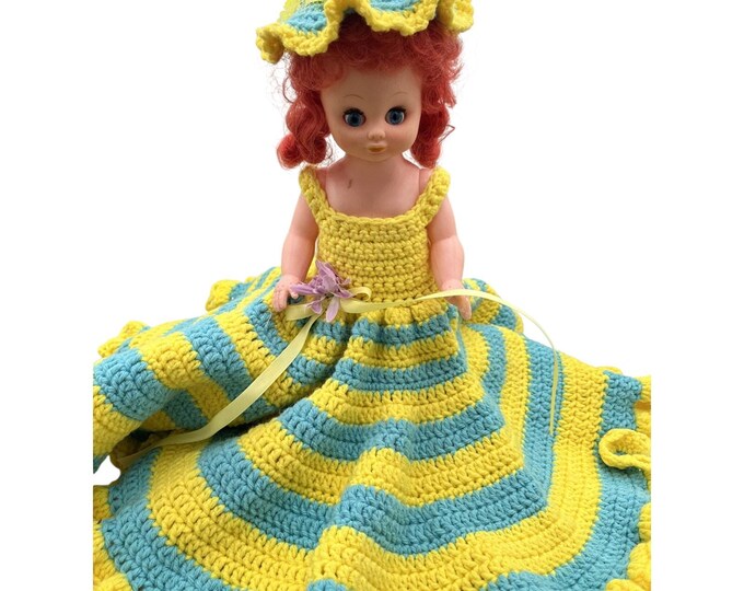 Vintage Fair Baby Doll Red Hair Crocheted Dress Blue Yellow 12" Hard Plastic