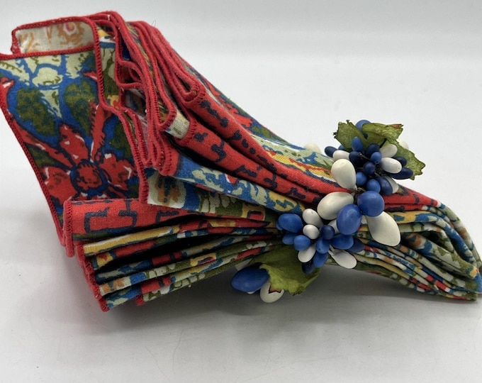 Set Of 4 Vintage Floral Mid Century Retro 70s Napkins 11” Square Hankies