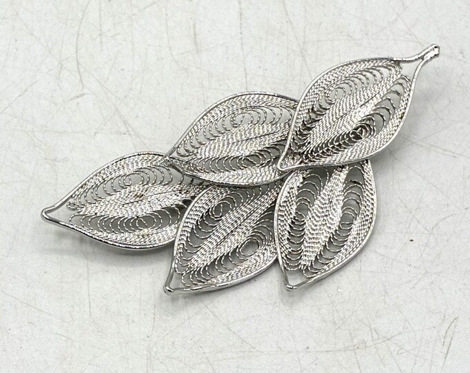 Vintage Silver Tone Filigree Leaf Brooch Four Leaves Twisted Wire Openwork