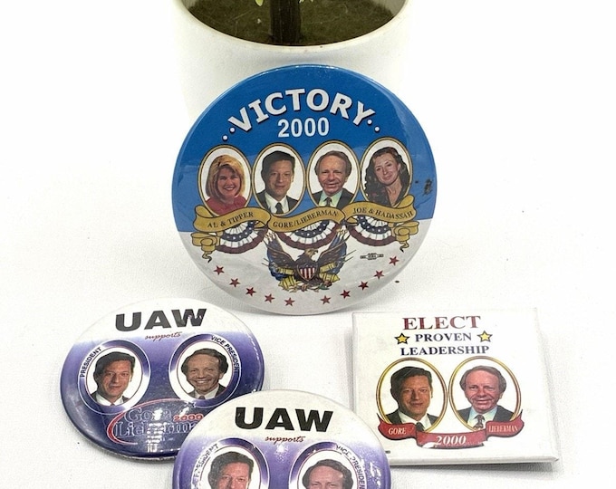 Vintage 2000 Gore Lieberman Campaign Buttons Lot of 4 UAW Union Political Pins