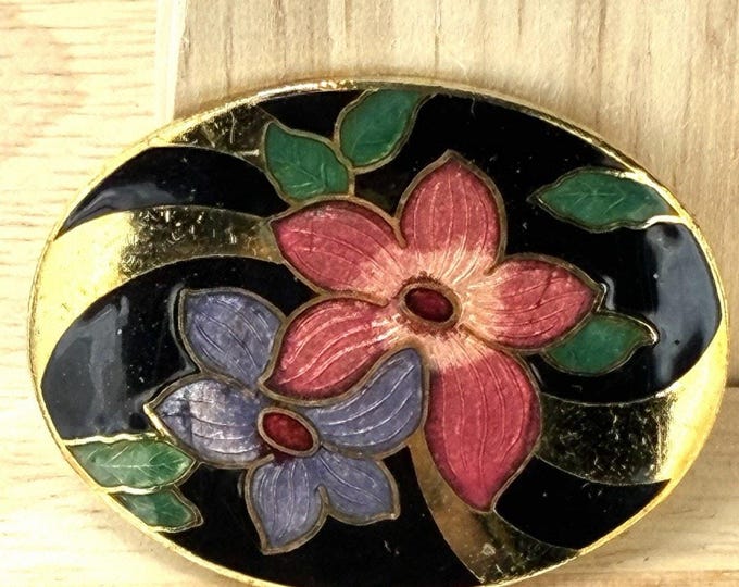Vintage Cloisonne Enamel Oval Brooch Black Gold Floral Pink Lavender Flowers
