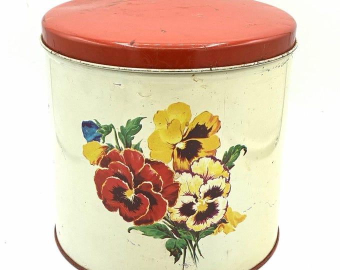 Vintage Parmeco Parker Metal Dec Co Floral Pansy Tin Canister Red Lid 7"