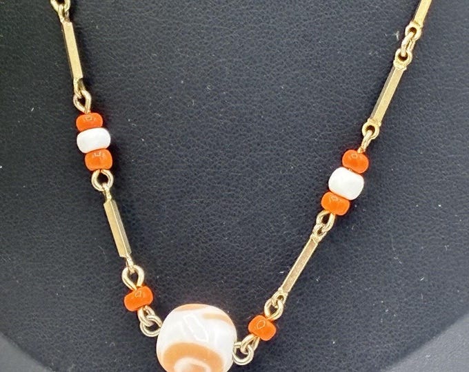 Vintage Gold Tone Bar Link Necklace Orange White Swirl Glass Bead 15 Inch