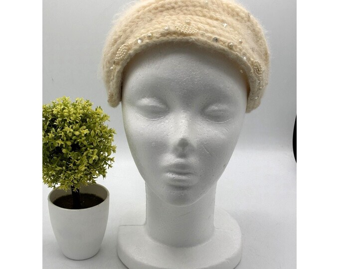 Vintage 1950s Ivory Angora Headband – Pearl Beads, I Love Lucy Era