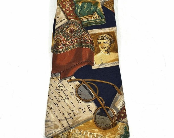 Vintage Halston Italian Silk Tie Travel Eyeglasses Postcard Novelty Necktie