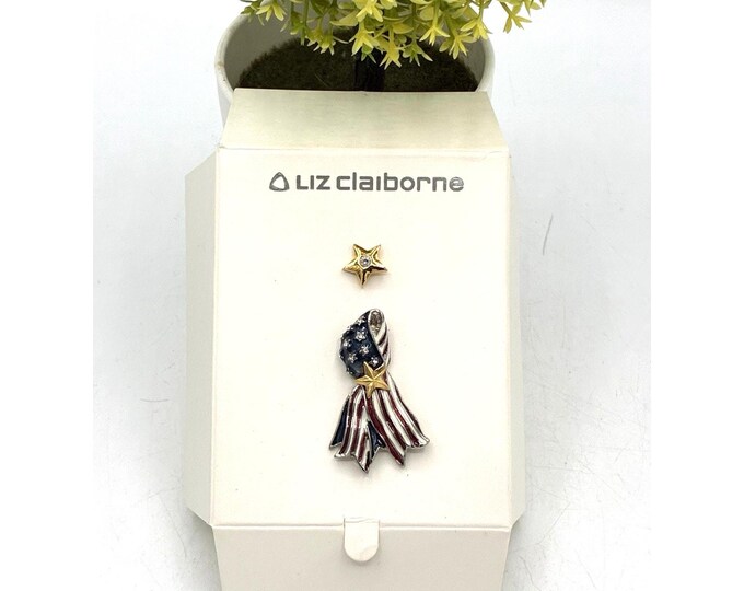 Vintage Liz Claiborne Patriotic Flag Brooch — Rhinestone American Flag Pin, NOS