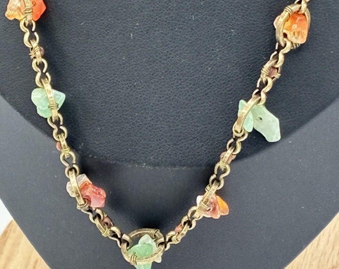 Signed 5X Brass Chain Necklace Wire Wrapped Carnelian Aventurine Stone Chips 16"