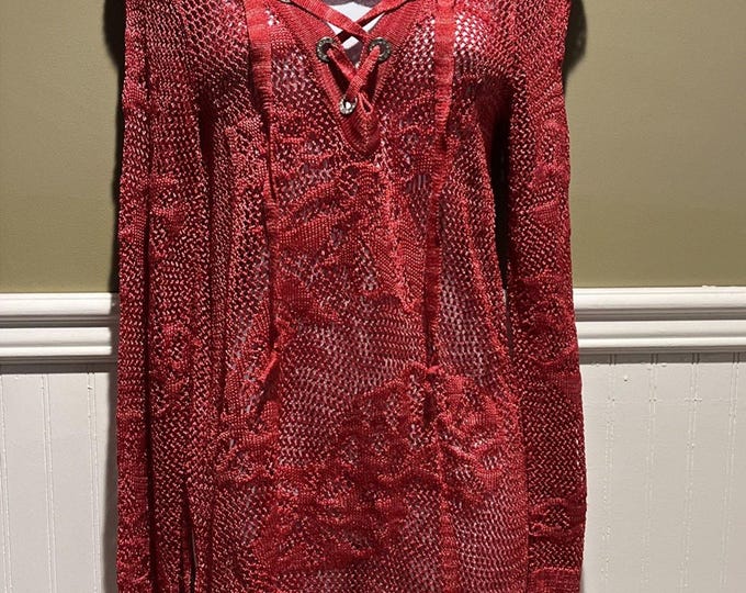 Inc International Concepts Top Womens M Red Mesh Asymmetrical Crochet Cover Up