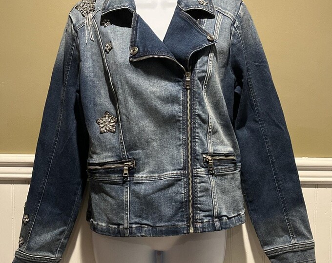INC Rhinestone Cowboy Denim Jacket – Beaded Full Zip Women’s Medium