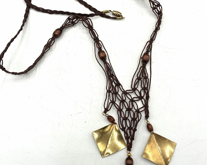 Vintage Macrame Necklace 36” Brass Geometric Pendants Wood Beads Boho