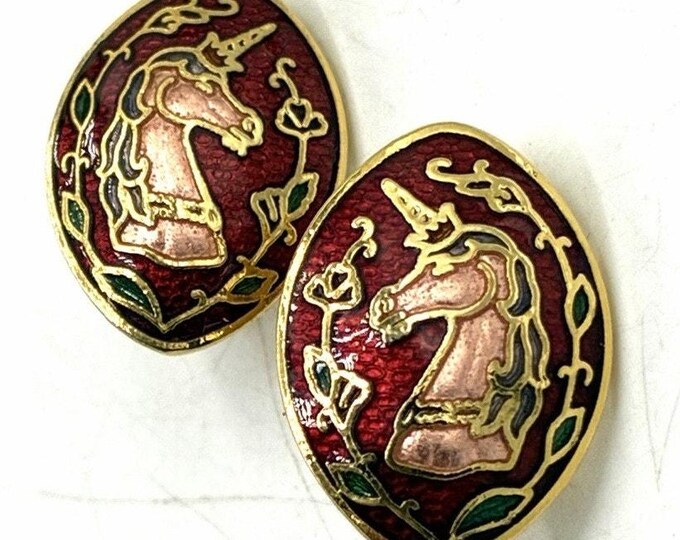 Vintage Cloisonne Unicorn Clip On Earrings Burgundy Red Enamel Fantasy
