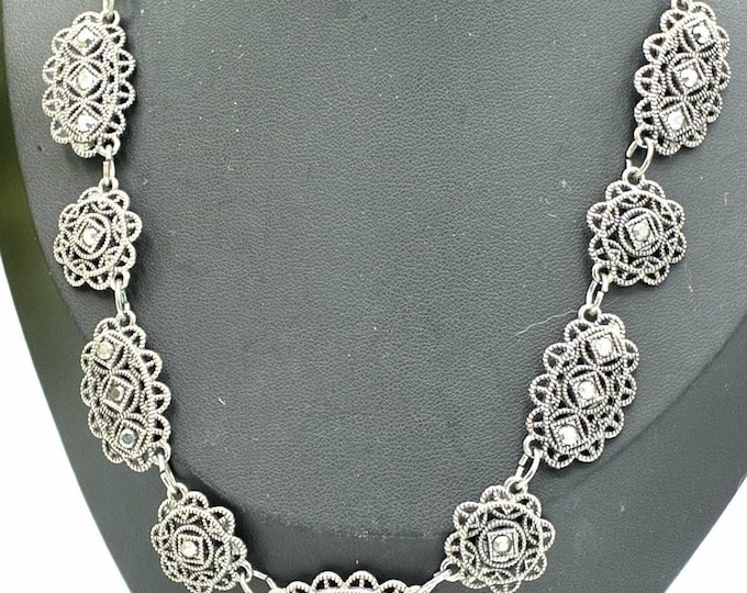 Silver Tone Marcasite Style Filigree Necklace 18” Art Deco Revival Costume