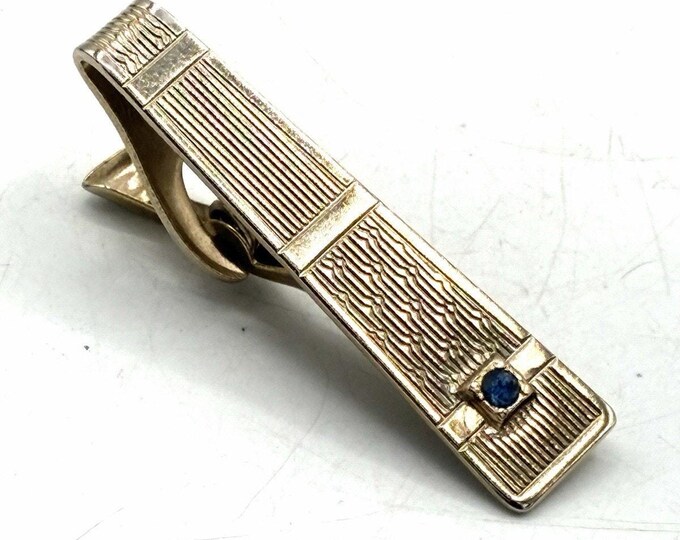 Vintage Gold Tone Tie Bar Blue Rhinestone Textured Mid Century Mens Clip