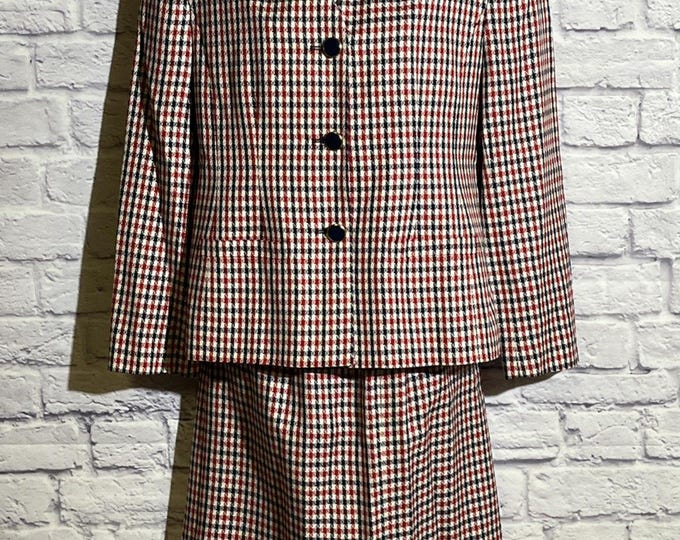 vintage pendleton sophisticates Houndstooth Skirt Suit Size 10P Red Navy White