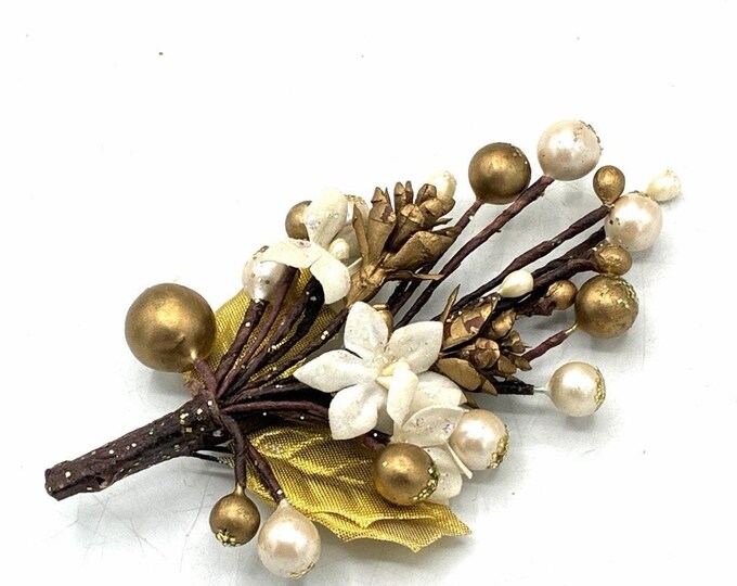 Vintage Floral Corsage Brooch Faux Pearl Berry Flower Gold Tone Spray Pin