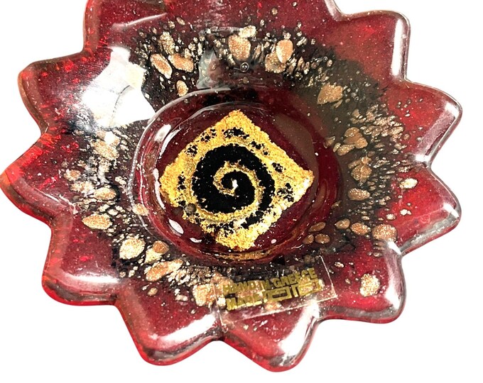 Vintage Mixaha Handmade Glass Dish – Red & Gold Swirl Trinket Plate, Greece