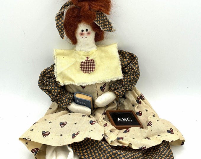 Vintage Handmade Teacher Rag Doll Primitive Folk Art Apple ABC 18” School
