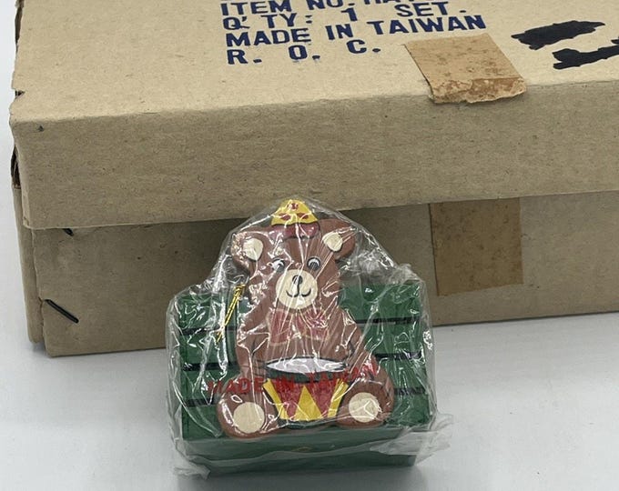 Vintage Interpur Drummer Bear Green Wooden Basket Christmas Ornament Set Of 6