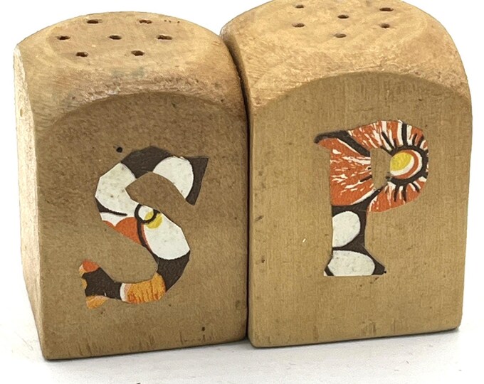 Vintage Handmade Wood Block Salt Pepper Shakers Painted Mosaic Folk Art 1970s