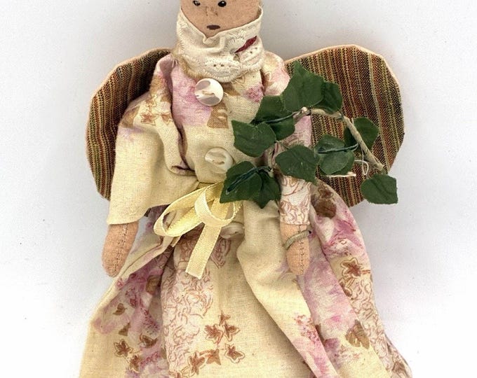 Vintage Folk Art Cloth Angel Doll 8” Handmade Primitive Floral Dress Wings