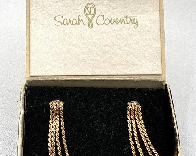 Vintage Gold Tone Multi Strand Chain Tassel Dangle Earrings Sarah Coventry Box