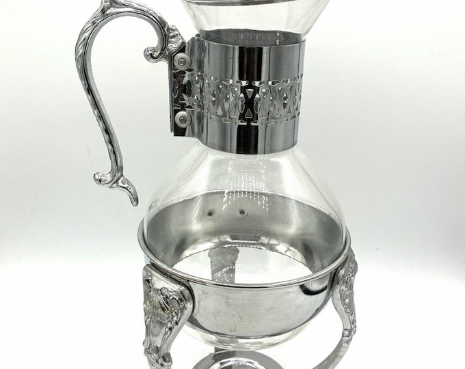 Vintage Corning Brand Heat Proof Glass Carafe Candle Warmer Chrome 13”